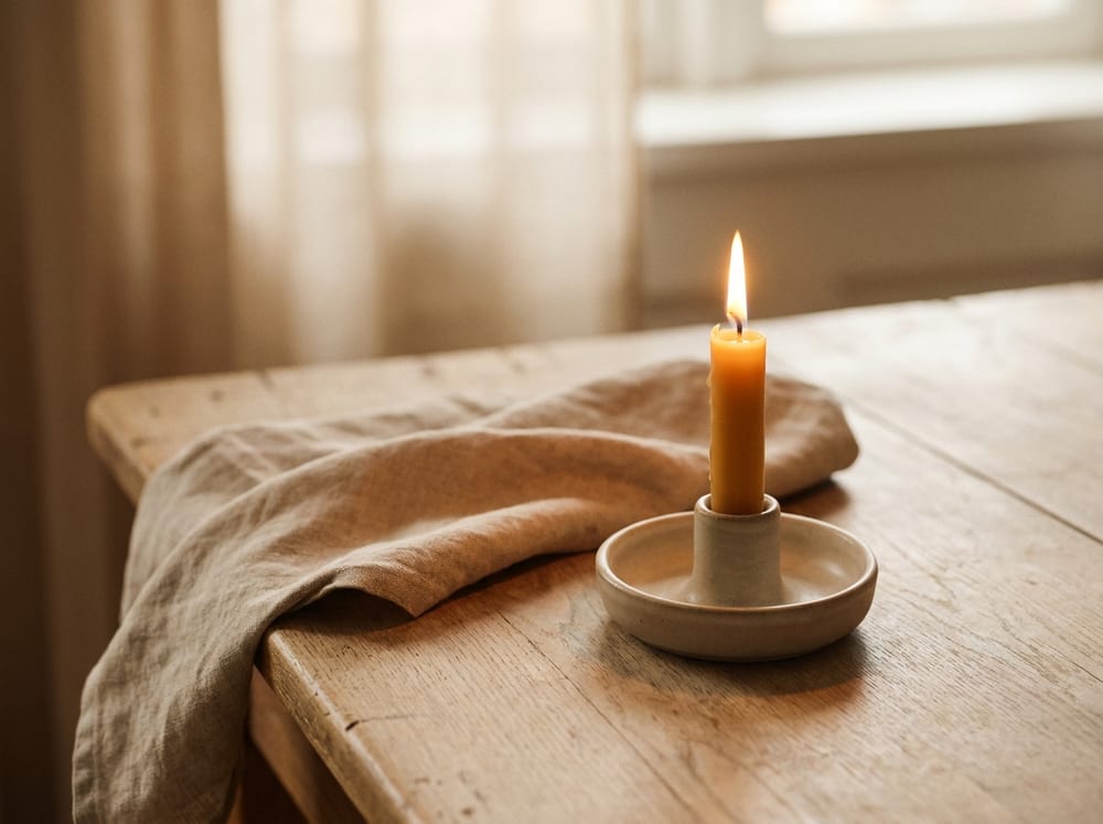 A tranquil still life of a single lit candle beside a folded linen cloth on a pale wood surface, soft diffused light, muted warm amber and beige palette, no text.