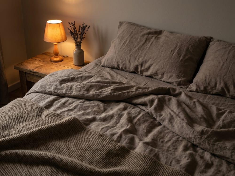 A dim, cozy bedside scene with rumpled linen sheets, a low warm lamp, and a sprig of dried lavender, soft shadows, muted warm brown and taupe palette, no text.