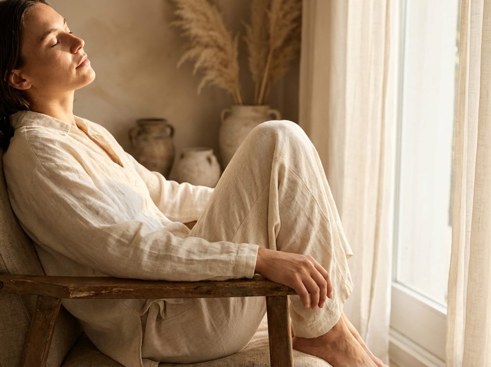 A person in soft linen seated by a bright window, eyes gently closed, warm morning light falling across their relaxed shoulders, muted cream and sand tones, no text.