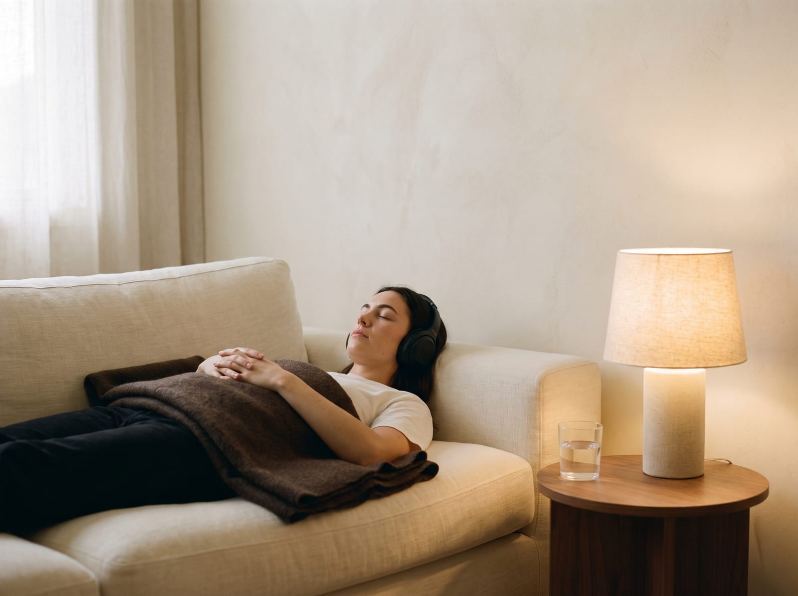 A warm, photorealistic editorial photograph in soft lamplight with a warm ivory and espresso palette, 4:3 framing, no text or words anywhere: a person lying on their back on a low linen-covered couch under a folded espresso-brown blanket, eyes closed and hands resting on the abdomen, over-ear headphones on, a small side table with a lamp and a glass of water beside them, a plain ivory plaster wall and a softly blurred window behind.
