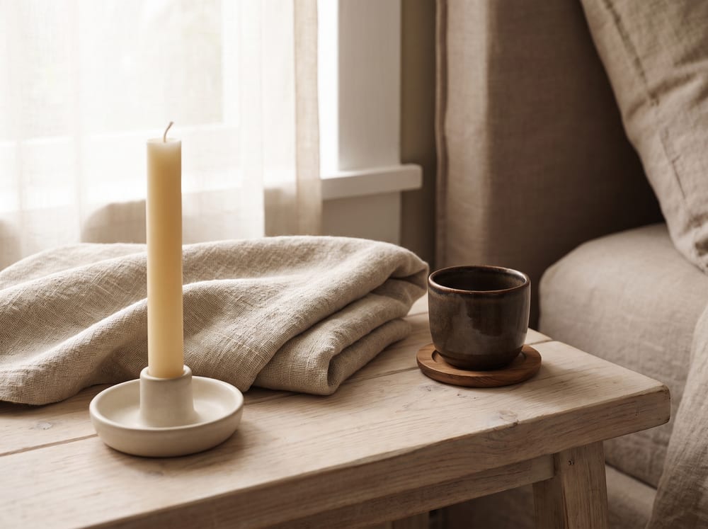 A softly lit bedside still life of a single unlit ivory candle, a folded linen throw, and a small ceramic cup, warm morning light falling across a pale wooden surface, muted ivory and espresso palette, no text, no words, 4:3 framing.