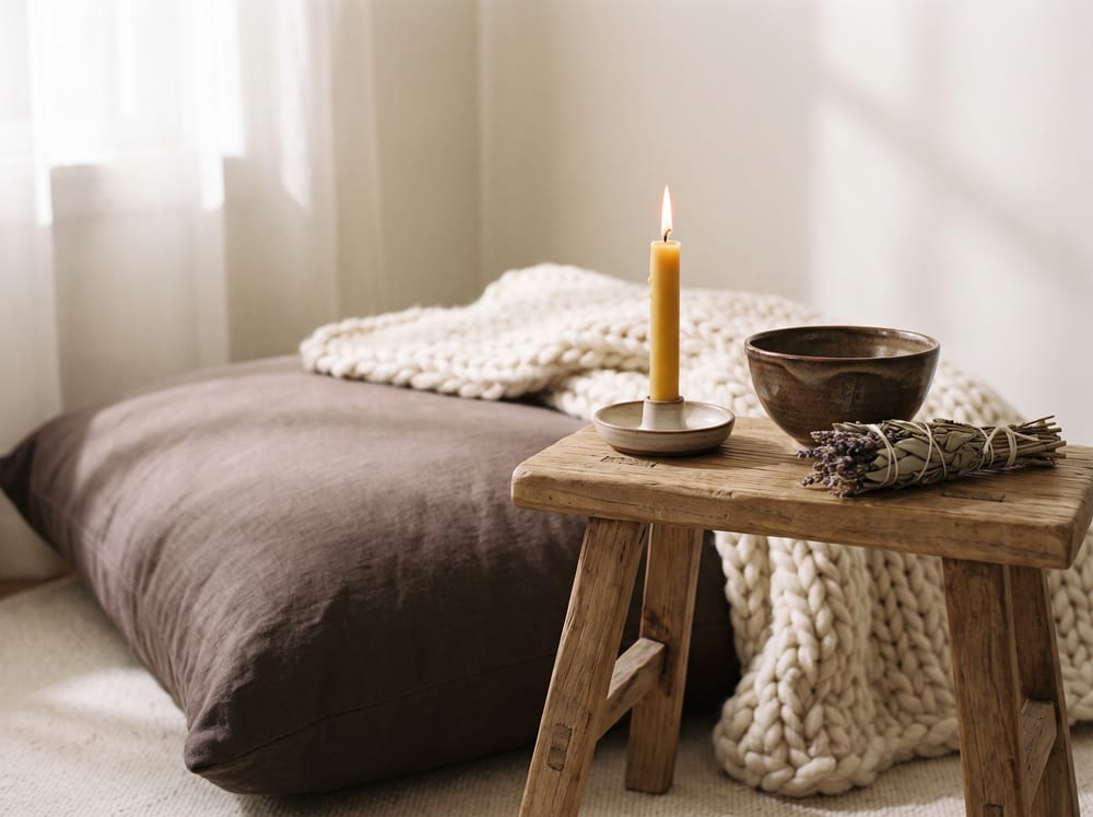 A warm, photorealistic editorial scene in soft diffused window light: a floor cushion and a folded ivory wool blanket beside a low wooden stool holding a single lit candle with a steady flame, a ceramic bowl, and a sprig of dried herbs, muted warm ivory and espresso palette, gentle morning shadows, 4:3 framing, no text, no words.