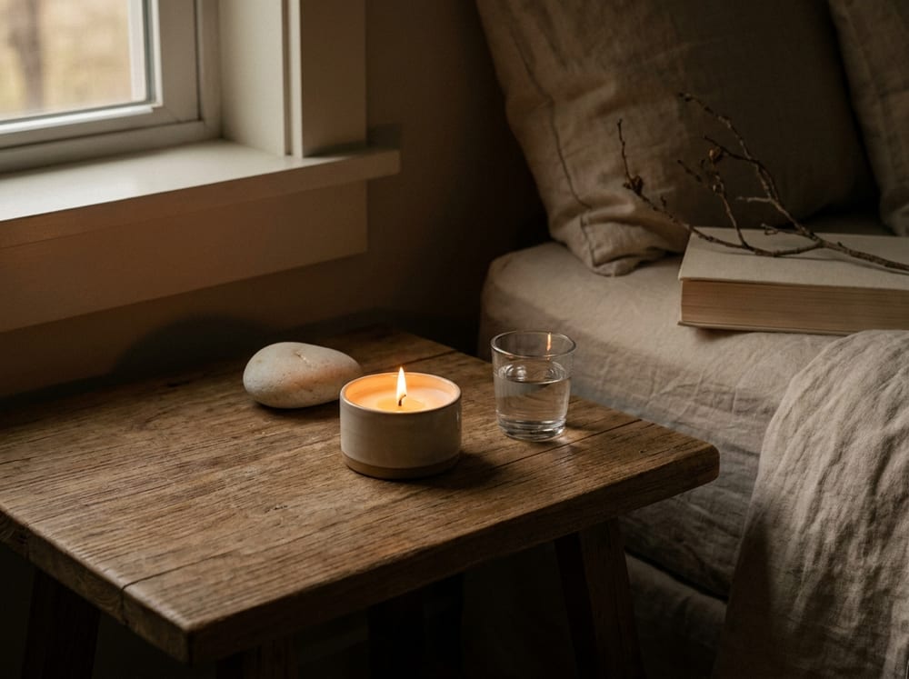 A warm, photorealistic editorial still life on a bedside table at dusk, a low glowing candle, a smooth pale stone, and a small glass of water catching soft amber light, deep restful shadows in a muted warm ivory and espresso palette, quiet and steadying, 4:3 framing, no text, no words.