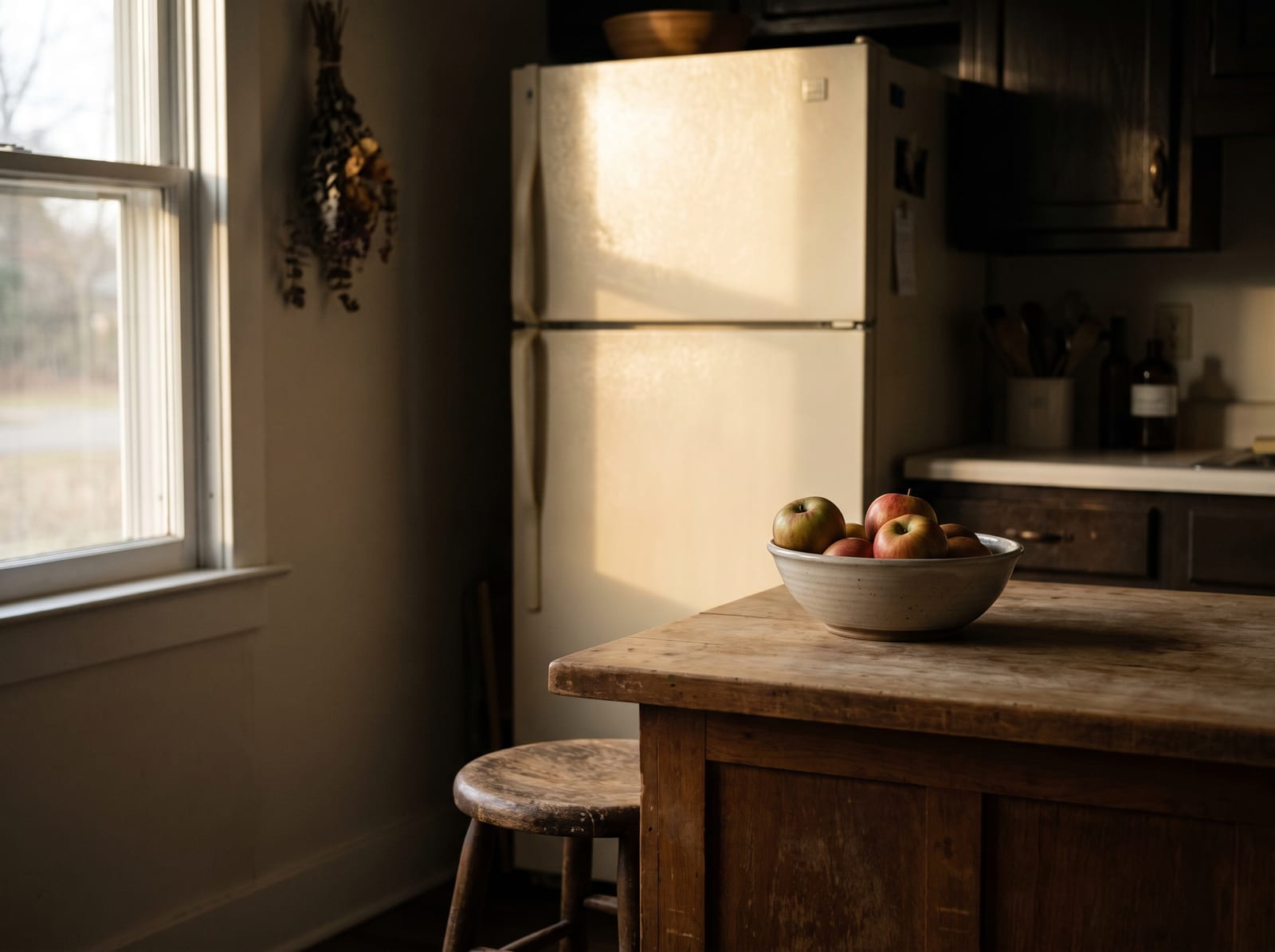 A quiet kitchen at early evening with a bowl of apples on the counter, a wooden stool pushed back, a closed refrigerator door catching low light from a window at the left, nobody in the room, warm ivory and espresso palette, 4:3, no text.
