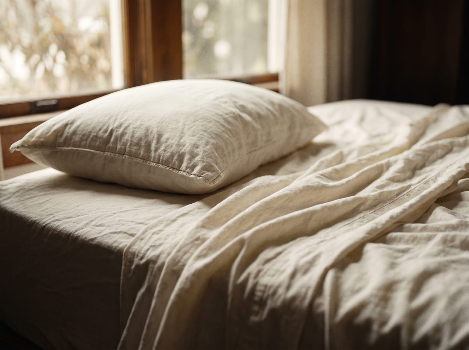 An unmade bed with a rumpled cream linen sheet and one pillow, a wooden-framed window out of focus behind it, soft morning light, quiet and empty, warm ivory and espresso palette, 4:3, no text.