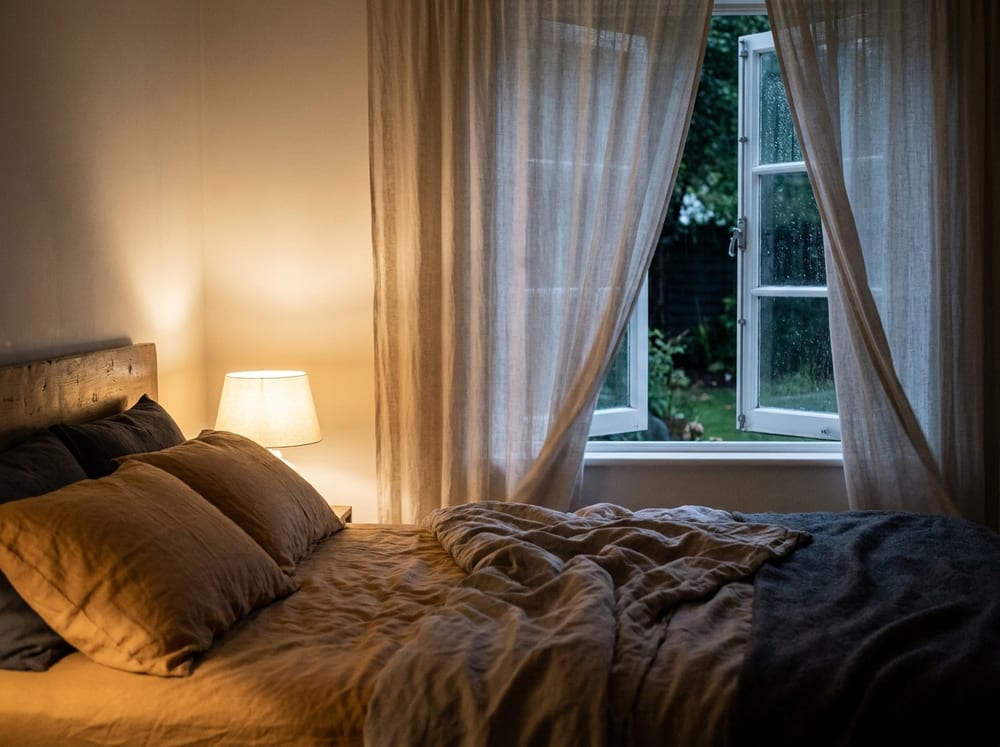 A dim bedroom at night with rumpled soft linen sheets, a low warm bedside glow, an open window with a faint breeze in sheer curtains, muted amber and taupe palette, deeply restful and quiet.