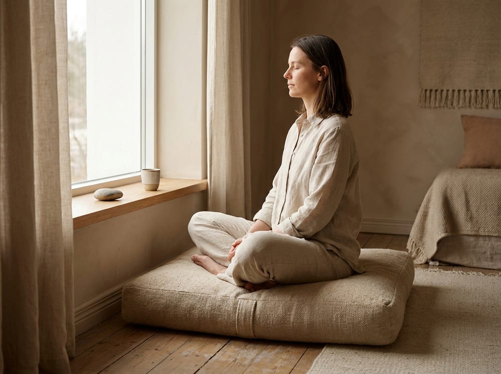 A person seated cross-legged on a firm cushion by a bright window in soft morning light, upright and calm, a small smooth stone resting on the sill, muted warm sand and clay tones, quiet and focused.