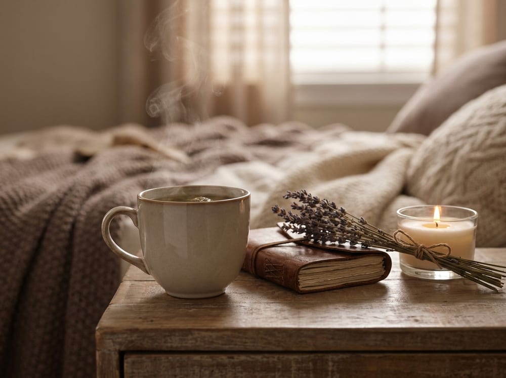 A tranquil still life on a wooden nightstand: a warm cup of herbal tea, a small journal, dried lavender, and a low candle in soft evening light, muted warm neutrals, cozy and serene.