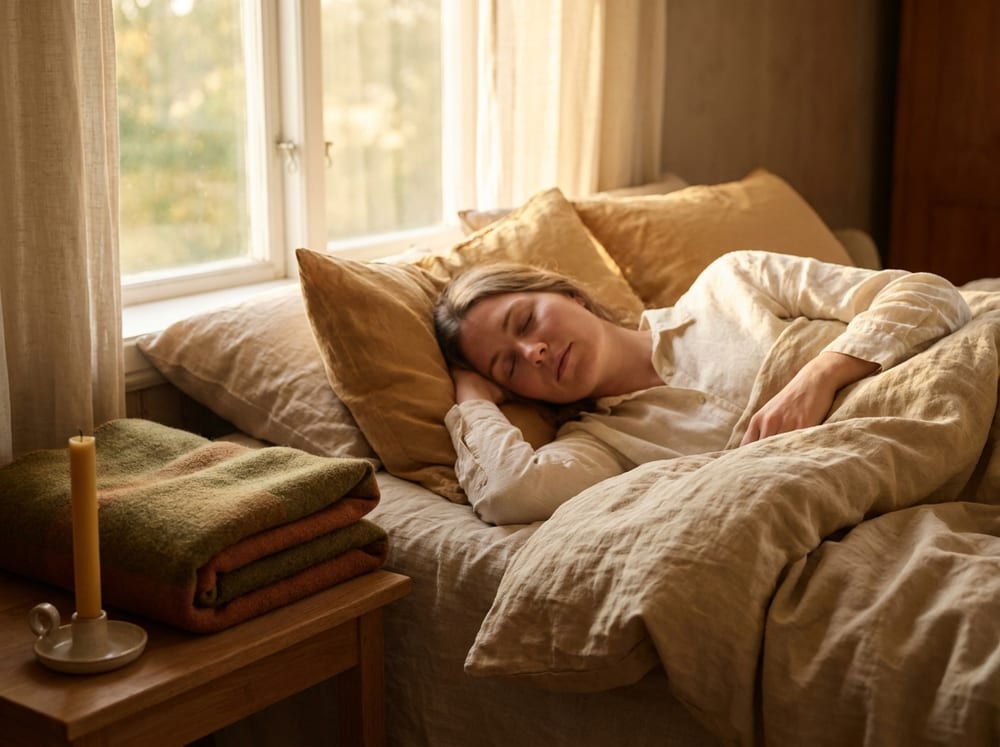 A person lying peacefully on a linen-covered bed in soft golden late-afternoon light, eyes closed, a single unlit candle and folded wool blanket nearby, muted warm earth tones, calm and still.