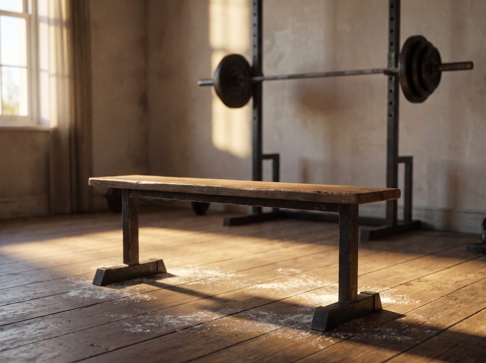 An empty wooden bench in a quiet home gym, a loaded barbell resting on a rack against the wall behind it, chalk dust scattered across oak floorboards, morning sunlight from a window pooling on the floor, warm ivory and espresso palette, 4:3, no text.
