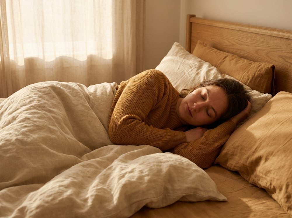 A person resting on a linen-covered bed in soft warm morning light, eyes closed, calm and unstrained, muted amber and cream tones, no text.