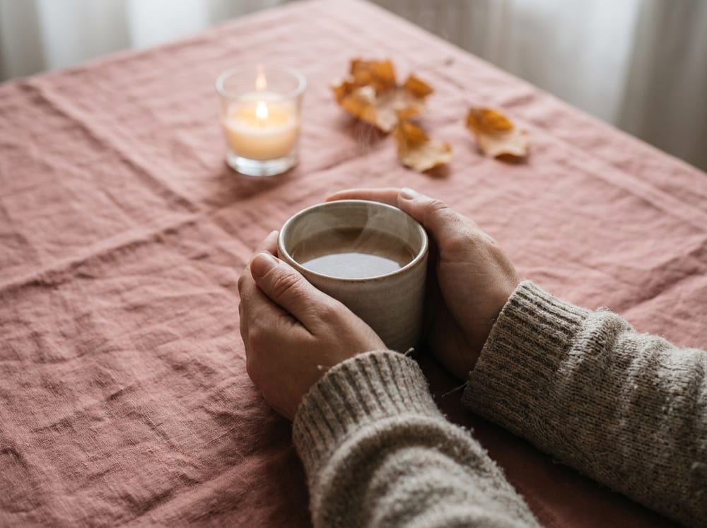 Two hands cupped gently around a warm mug of tea on a linen tablecloth, soft candlelight, muted rose and amber tones, no text.