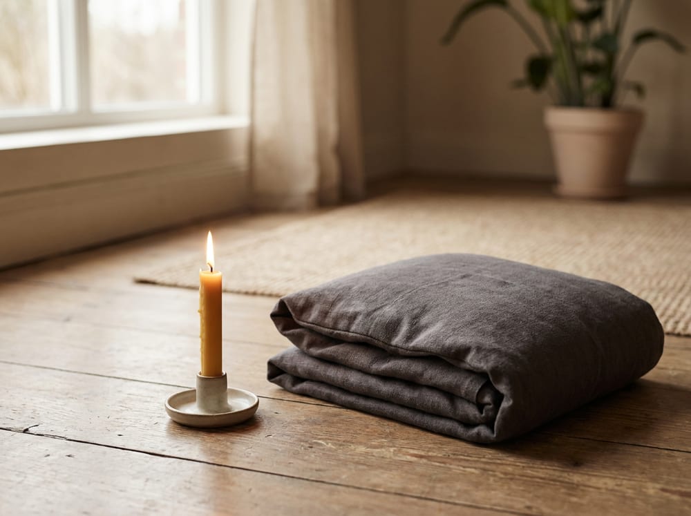 A single lit candle beside a folded gray meditation cushion on a wooden floor, gentle diffused window light, muted warm neutral palette, no text.