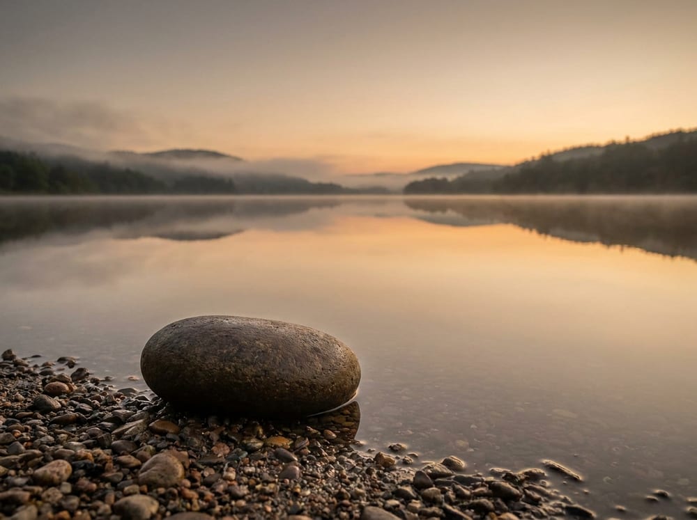 A tranquil still lake at dawn reflecting a pale sky, a single smooth stone on the shore, muted warm gray and gold tones, no text.