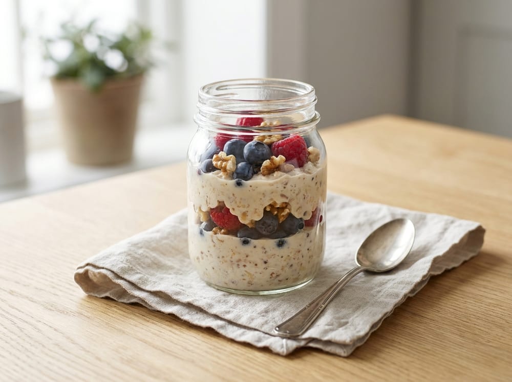 A clear glass jar of thick creamy bircher muesli layered with glossy blueberries and raspberries and scattered walnut pieces, on a pale linen napkin over a light wood table, bright soft morning light from the side, a spoon resting beside it, shot straight on with a gentle background blur.