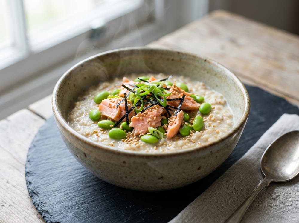 A ceramic bowl of creamy savory oats topped with flaked pink salmon, bright green edamame, thin nori strips, sliced scallion, and toasted sesame seeds, sitting on a dark slate surface in soft natural window light, steam rising, shot from a three-quarter overhead angle with shallow depth of field.