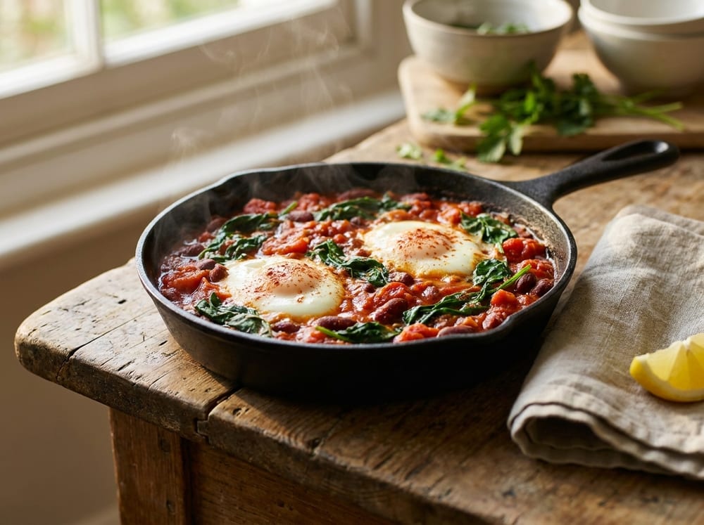 A rustic cast-iron skillet of tomato-red bean stew flecked with wilted green spinach and two soft-cooked eggs nestled in the center, dusted with smoked paprika, on a weathered wooden table in warm directional light, a slice of lemon and a linen cloth to the side, shot from a low three-quarter angle with steam and a shallow focus.