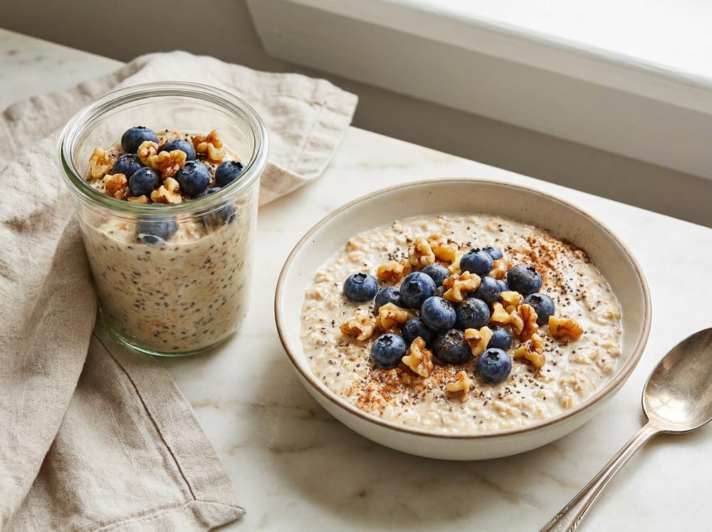 A glass jar and a shallow bowl of creamy overnight oats topped with a generous heap of glossy fresh blueberries and chopped toasted walnuts, flecks of chia and cinnamon visible throughout, set on a pale marble counter with a linen napkin and a spoon, in bright airy morning light.