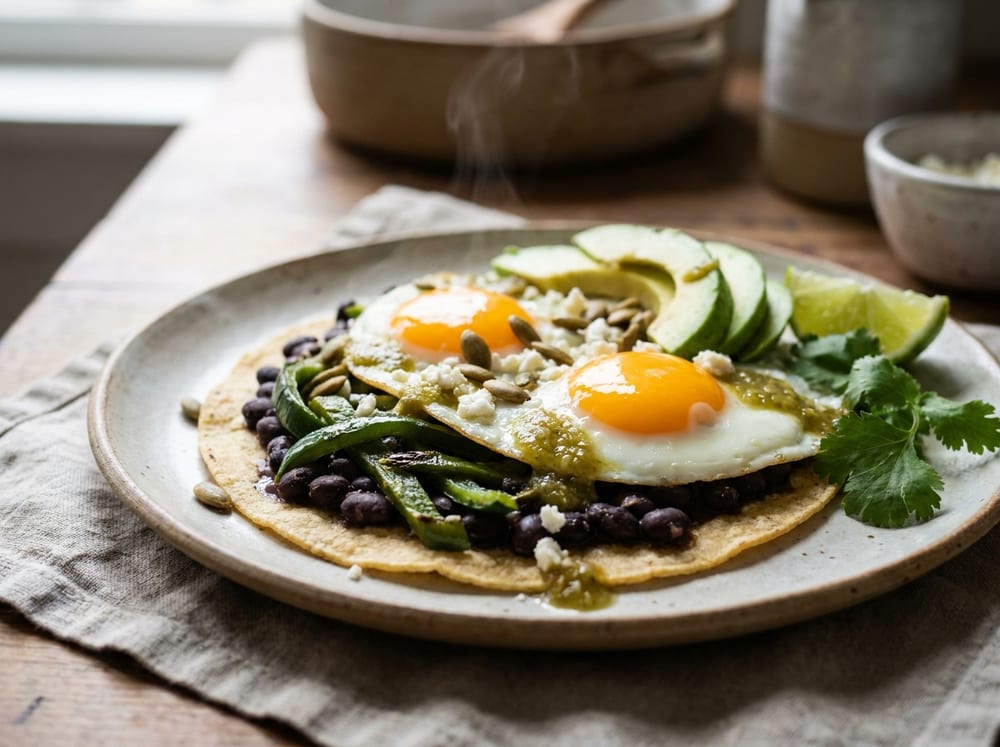 A rustic ceramic plate holding a warm corn tortilla layered with black beans and charred green poblano strips, two sunny-side-up eggs with vivid orange yolks, fanned avocado slices, drizzles of green salsa verde, toasted pumpkin seeds and crumbled white queso fresco, garnished with cilantro and a lime wedge, shot from a low angle on a terracotta surface in bright warm daylight.