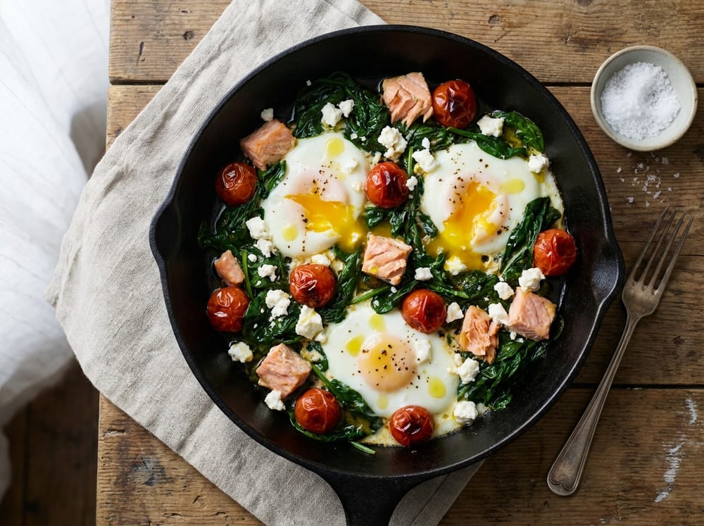 Overhead shot of a black cast-iron skillet holding soft-set eggs with golden yolks nestled among dark wilted spinach, blistered red cherry tomatoes and flakes of pink salmon, scattered with white feta crumbles and a glisten of olive oil, on a rustic wooden table in soft natural morning light.