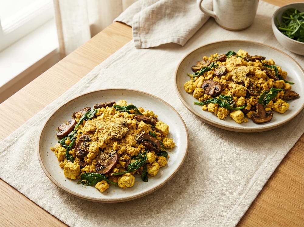 A straight-on view of two plates of golden turmeric-yellow tofu scramble flecked with dark browned mushrooms and wilted green spinach, dusted with nutritional yeast, on warm ivory linen over a pale wood table in soft natural daylight with a gently blurred background, no text.