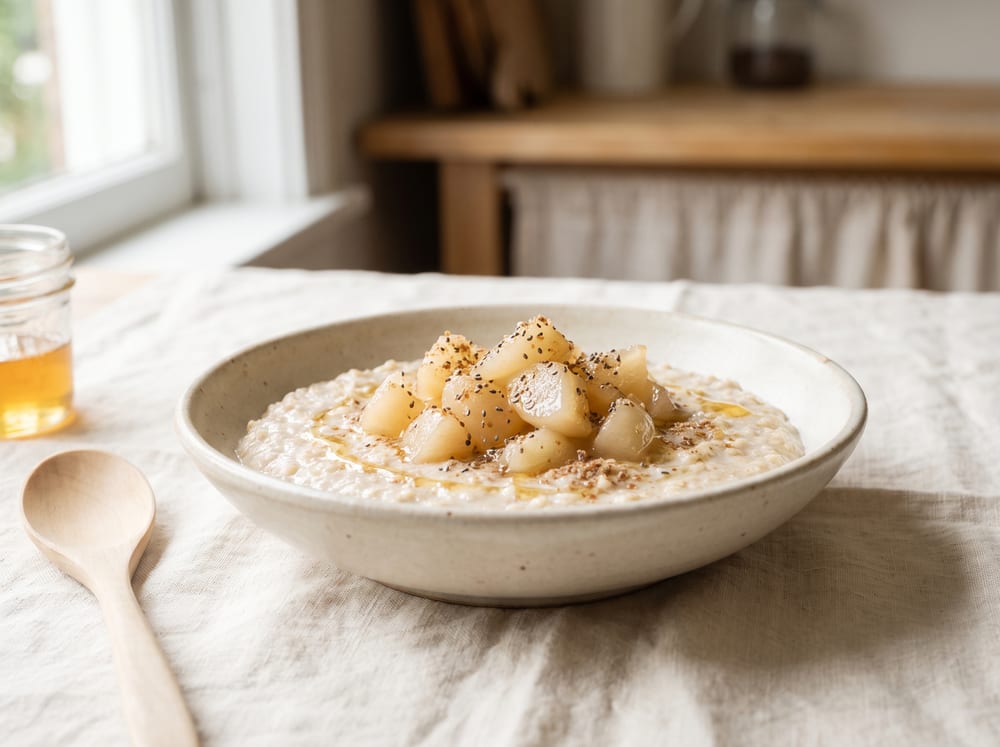A shallow ceramic bowl of creamy pale oats on warm ivory linen beside pale wood, glossy soft-stewed pear pieces mounded in the center, a scatter of chia and a dusting of ground flax on top, a thin thread of honey catching soft morning daylight, shot straight-on with the background gently blurred.