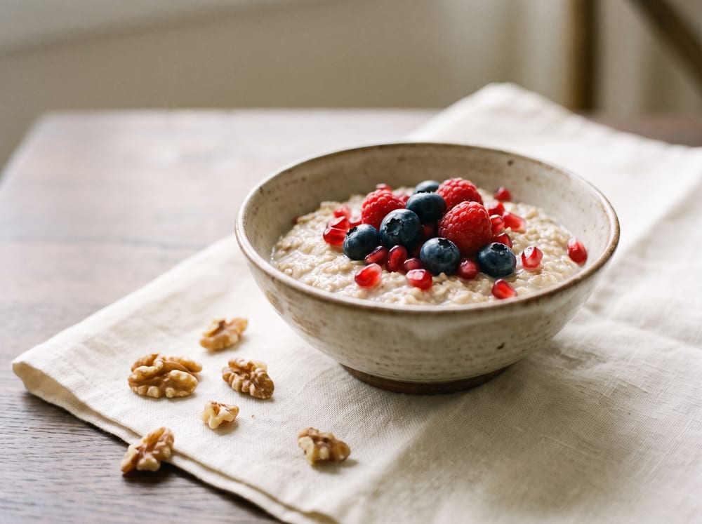 A warm ceramic bowl of creamy oats topped with glossy blueberries, raspberries, and ruby pomegranate seeds beside scattered walnut pieces, styled on ivory linen over pale espresso-toned wood in soft natural daylight, shot straight-on with a gently blurred background, four by three framing, no text.