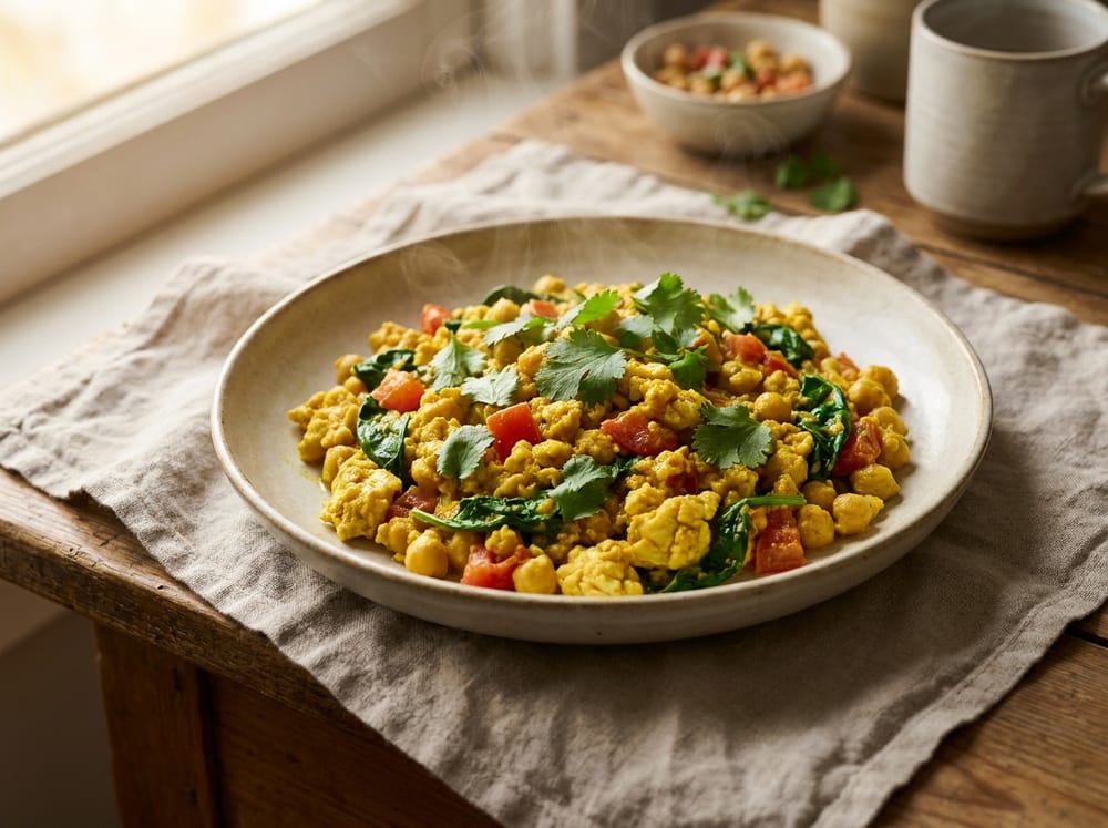 A shallow ceramic plate of golden turmeric-yellow chickpea scramble in soft curds flecked with green spinach and red tomato, scattered with fresh cilantro, on a rustic linen-draped table in warm natural side light, steam rising gently, no text or logos.