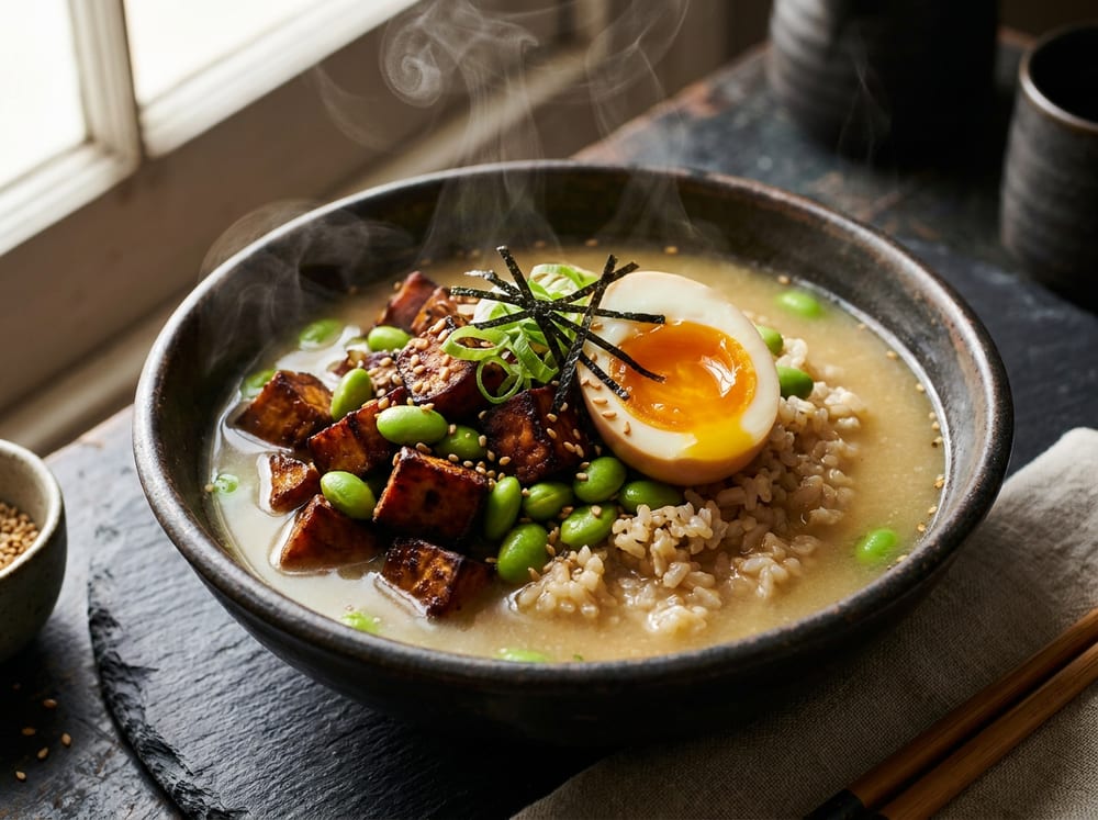A dark ceramic bowl of Japanese breakfast on a slate surface, cubes of caramelized orange sweet potato and bright-green edamame over glossy brown rice in a pale golden miso broth, a halved soft-boiled egg with a jammy yolk, thin black nori strips, sliced scallions, and sesame seeds, steam rising in soft side lighting.