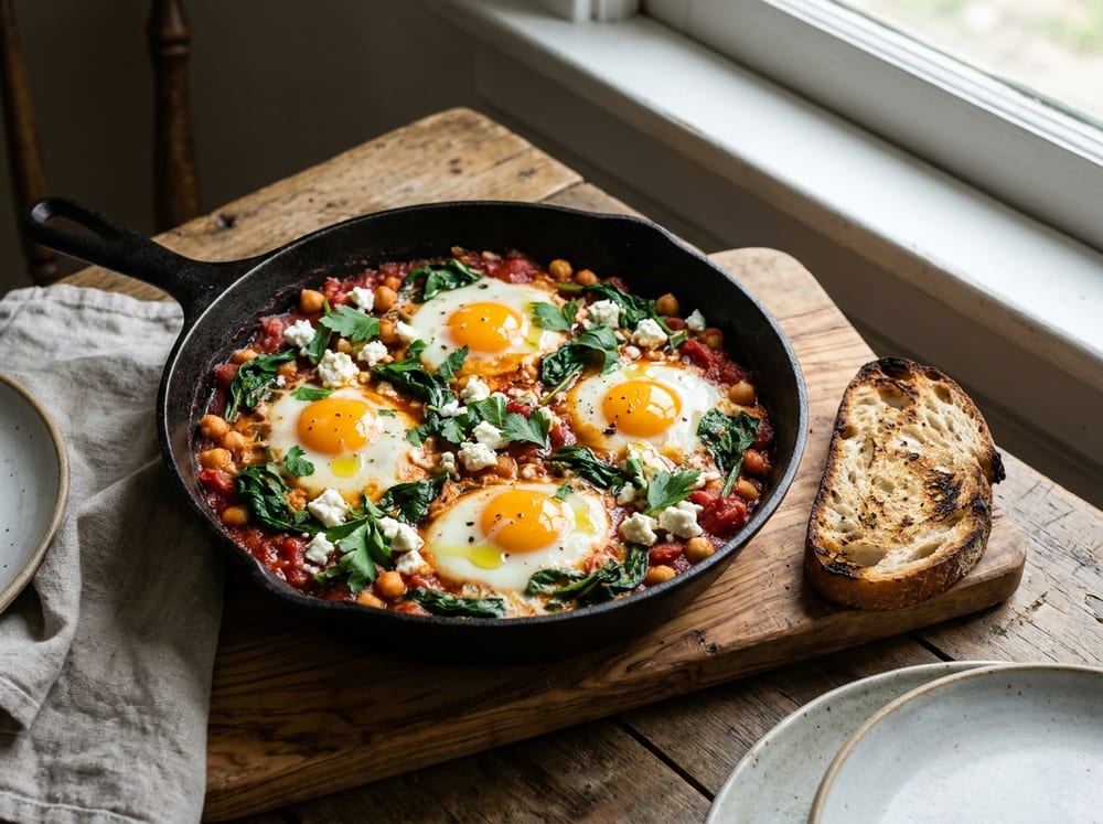 A rustic cast-iron skillet of shakshuka on a weathered olive-wood table, four eggs with glossy orange yolks nestled in a deep-red tomato and chickpea sauce flecked with wilted dark-green spinach, crumbled white feta and torn parsley on top, a thin ribbon of olive oil catching soft morning window light, a charred slice of sourdough resting on the rim.