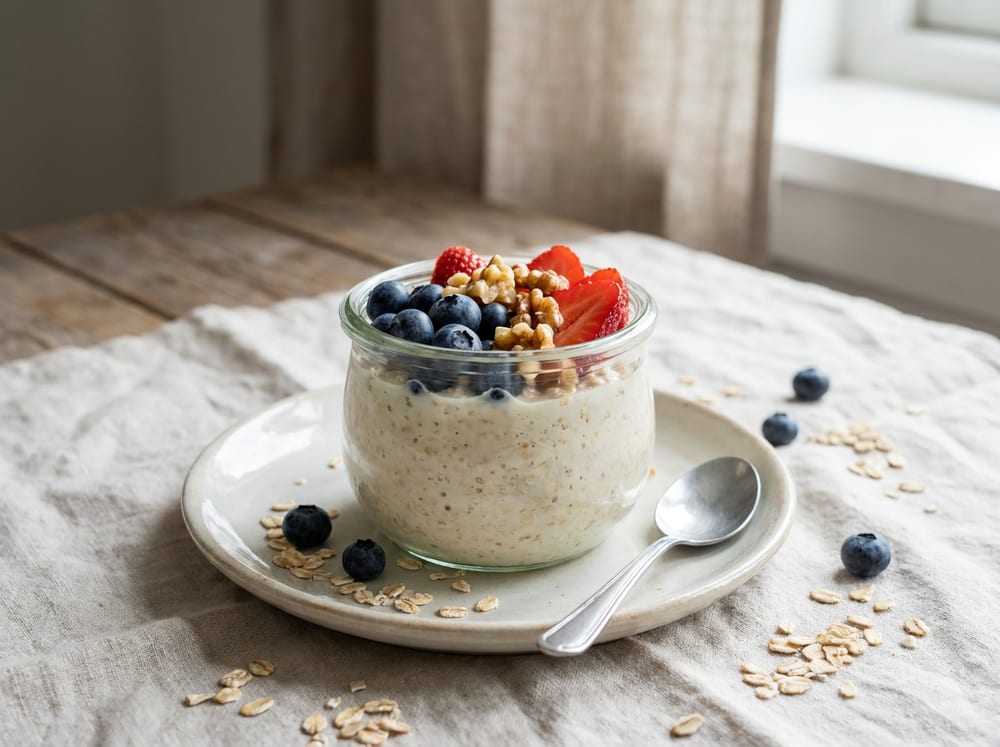 A clear glass jar of thick pale overnight oats on a pale ceramic plate, crowned with glossy blue blueberries, ruby-red sliced strawberries, and chopped walnuts, a spoon resting beside it, scattered oats and a few loose berries on a light linen surface in bright diffused daylight.