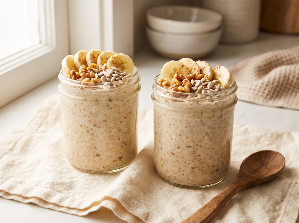 Two glass jars of thick creamy overnight oats topped with fanned banana slices, chopped walnuts and pale sunflower seeds, a dusting of cinnamon on top, on warm ivory linen beside a wooden spoon, soft morning daylight from a window, photographed straight-on in a four-by-three frame with a softly blurred background, no text.