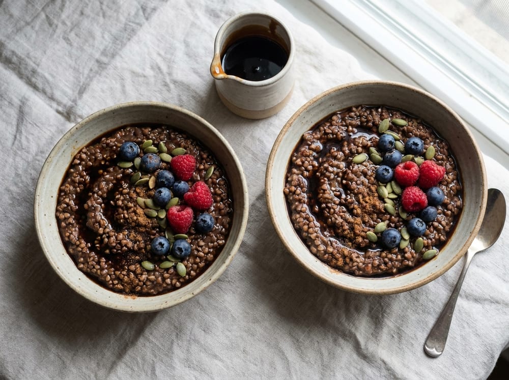 Two warm bowls of dark, glossy toasted-buckwheat porridge streaked with molasses, crowned with fresh blueberries, raspberries and green pumpkin seeds and a dusting of cinnamon, set on a pale linen surface with a small jug of molasses nearby, soft natural morning light, photographed at a gentle overhead angle.
