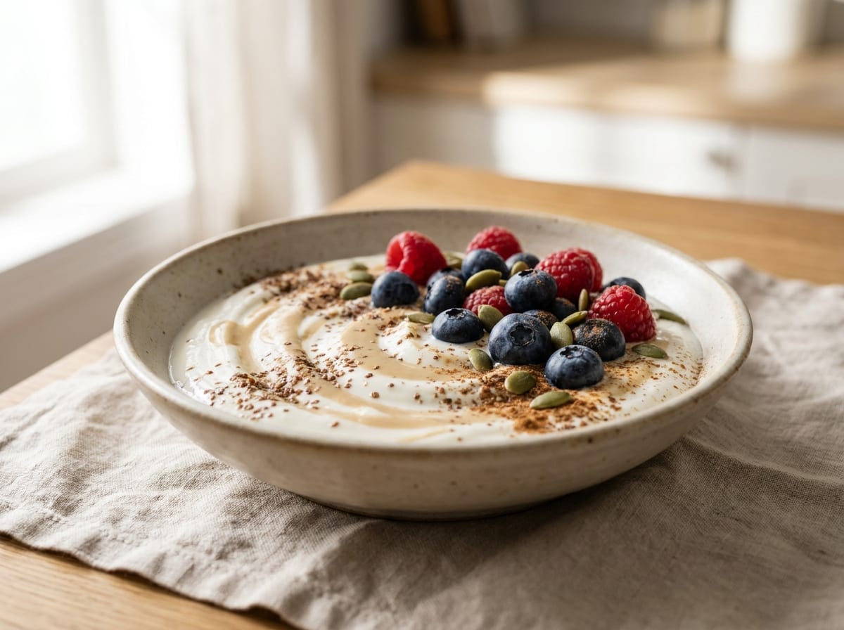 A shallow ceramic bowl of thick white soy yogurt flecked with ground brown flaxseed and cinnamon, swirled with pale tahini and topped with glossy blueberries, raspberries and green pumpkin seeds, on a light linen cloth in bright soft morning light.