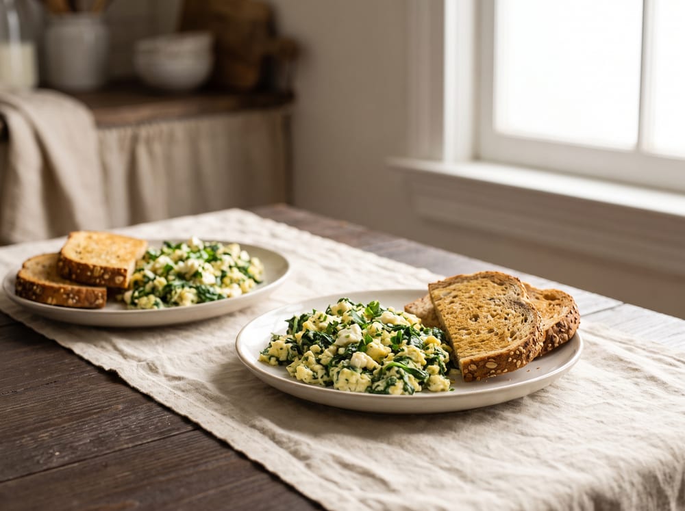 A straight-on 4:3 view of two plates of soft, fully set spinach and feta scramble flecked with green, beside golden seeded whole-grain toast, on warm ivory linen over a pale espresso-toned wood table, soft natural daylight, gentle background blur, no text.