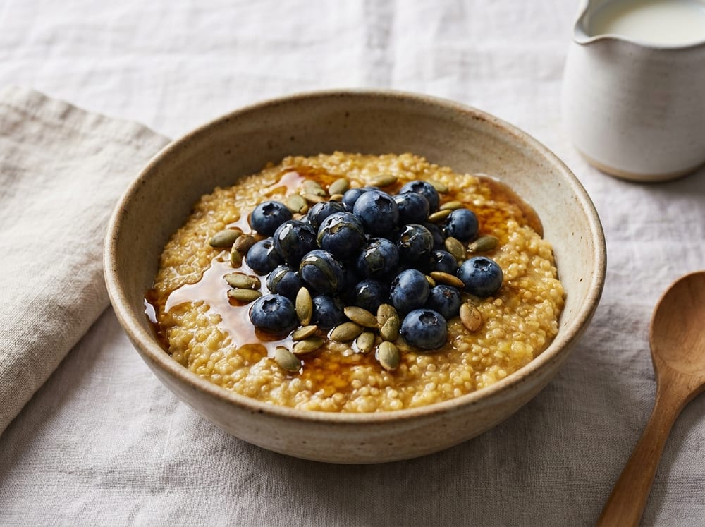 A rustic ceramic bowl of creamy golden banana quinoa porridge on a pale linen surface, piled with glossy blue blueberries and toasted green pumpkin seeds, a glistening ribbon of amber maple drizzled across the top, soft natural morning light.