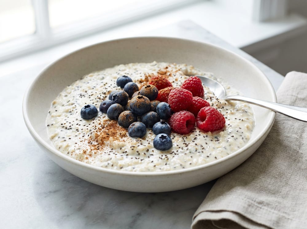 A wide shallow bowl of creamy pale cottage-cheese-and-oat porridge speckled with black chia seeds, crowned with glossy fresh blueberries and raspberries and a dusting of cinnamon, on a light marble countertop in bright morning light with a linen napkin beside it.