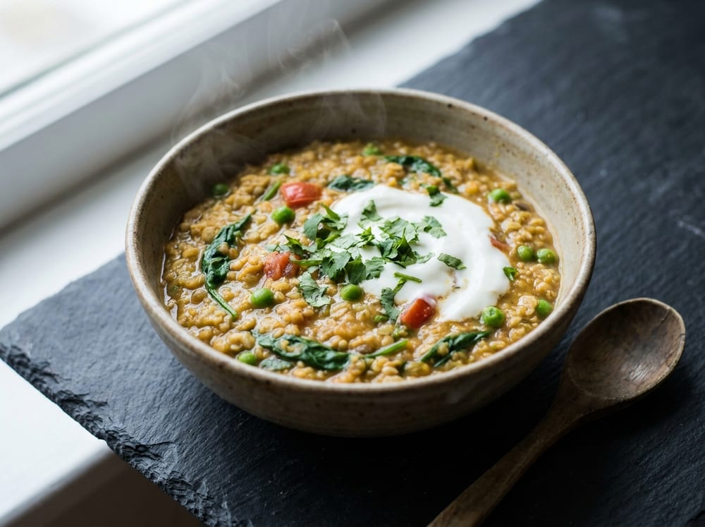 A rustic ceramic bowl of thick golden savory oat-and-lentil porridge flecked with green peas, wilted spinach and tomato, topped with a swirl of white yogurt and scattered cilantro, on a dark slate surface in soft natural window light with gentle steam rising.