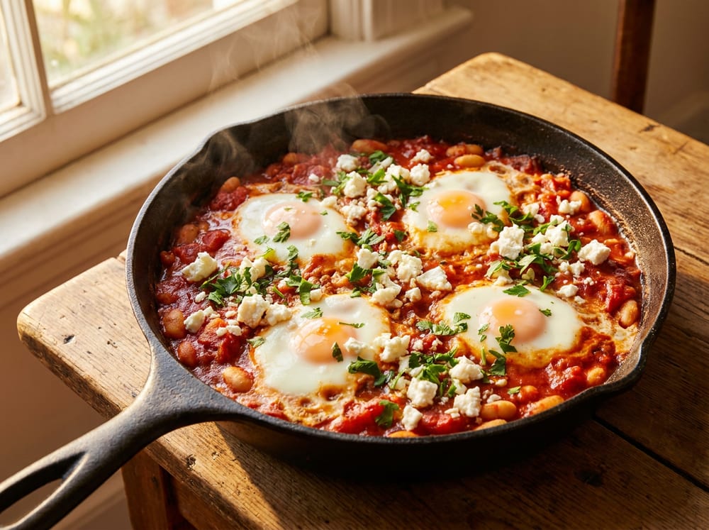 A cast-iron skillet of bubbling brick-red tomato and white-bean stew with four poached eggs nestled in it, soft orange yolks intact, scattered with crumbled white feta and green parsley, on a wooden table in warm directional light with a wisp of steam.