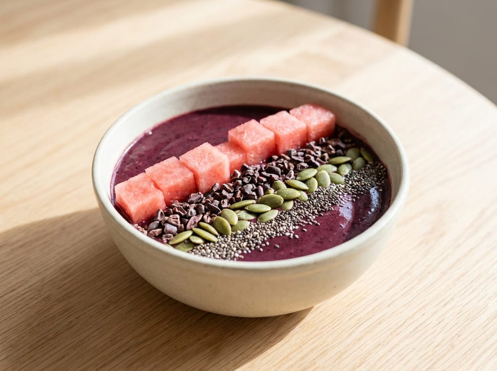 A deep purple cacao-berry smoothie bowl in a pale ceramic dish, topped with a neat row of pink watermelon cubes, dark cacao nibs, green pumpkin seeds, and chia, on a light wood table with bright natural morning light casting soft shadows.