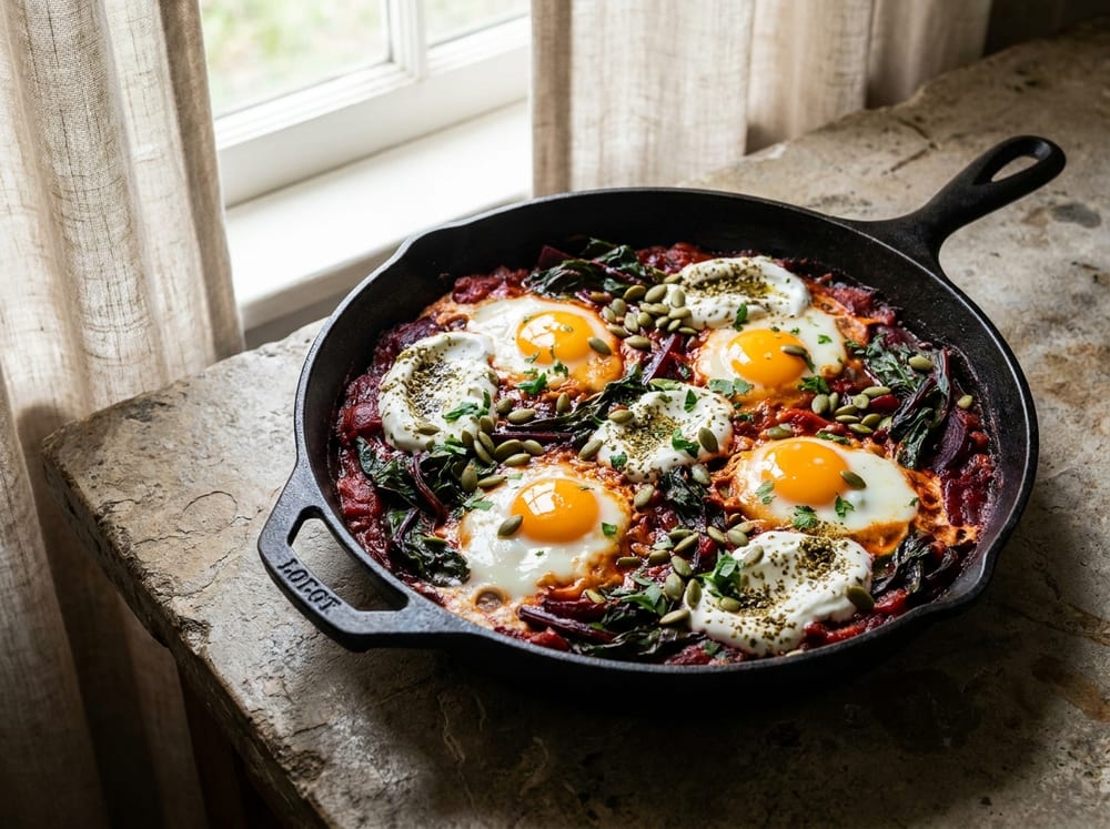 A cast-iron skillet of deep crimson tomato-and-beet sauce with four poached eggs, glossy orange yolks, wilted dark beet greens, and swirls of pale za'atar-flecked labneh, scattered with green pumpkin seeds and parsley, on a rustic stone surface in soft morning window light.