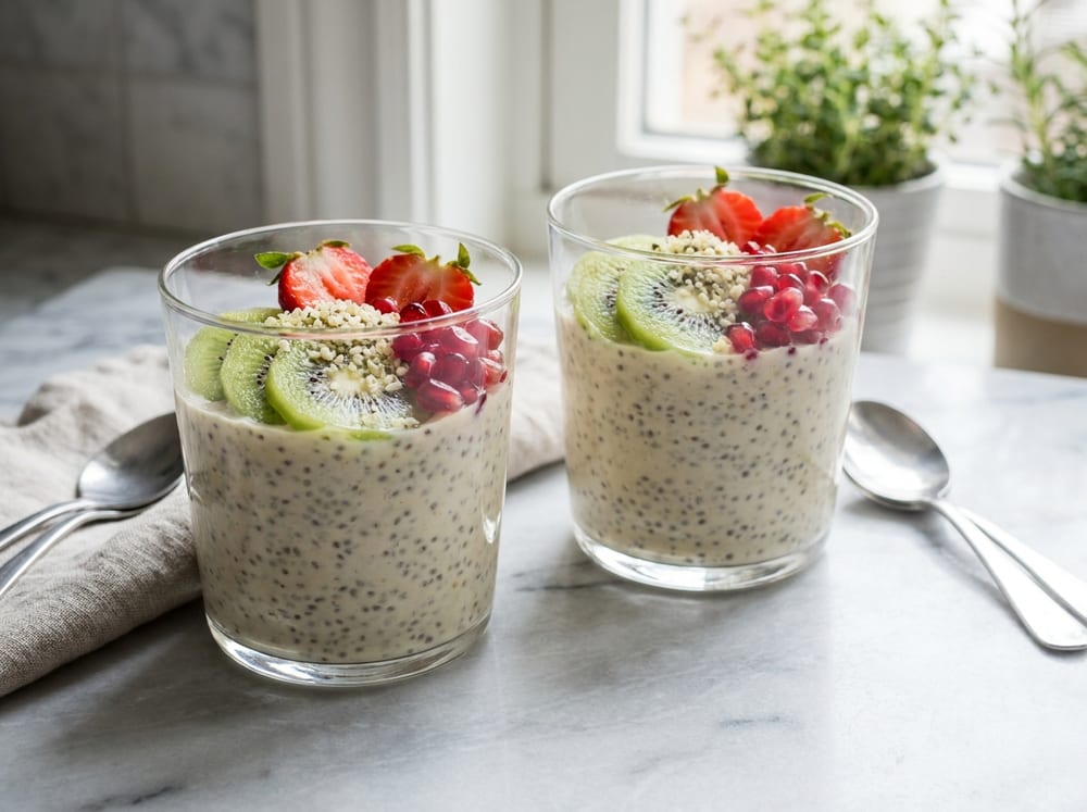 Two clear glasses of pale vanilla chia pudding flecked with tiny seeds, topped with a bright layer of emerald kiwi slices, glossy red strawberries and ruby pomegranate arils, finished with a scatter of pale hemp hearts, on a light marble surface in soft morning daylight.