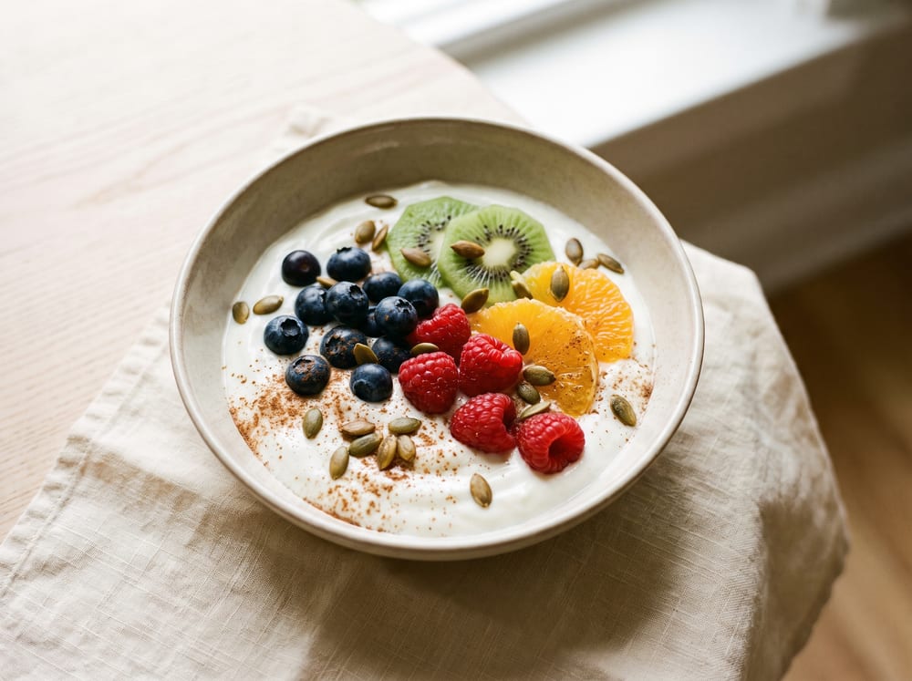 A shallow ceramic bowl of thick yogurt crowned with glistening blueberries, raspberries, bright green kiwi slices and orange segments, scattered with toasted pumpkin seeds and a dusting of cinnamon, set on warm ivory linen over pale wood in soft natural daylight, shot straight-on with a gently blurred background, 4:3 framing.