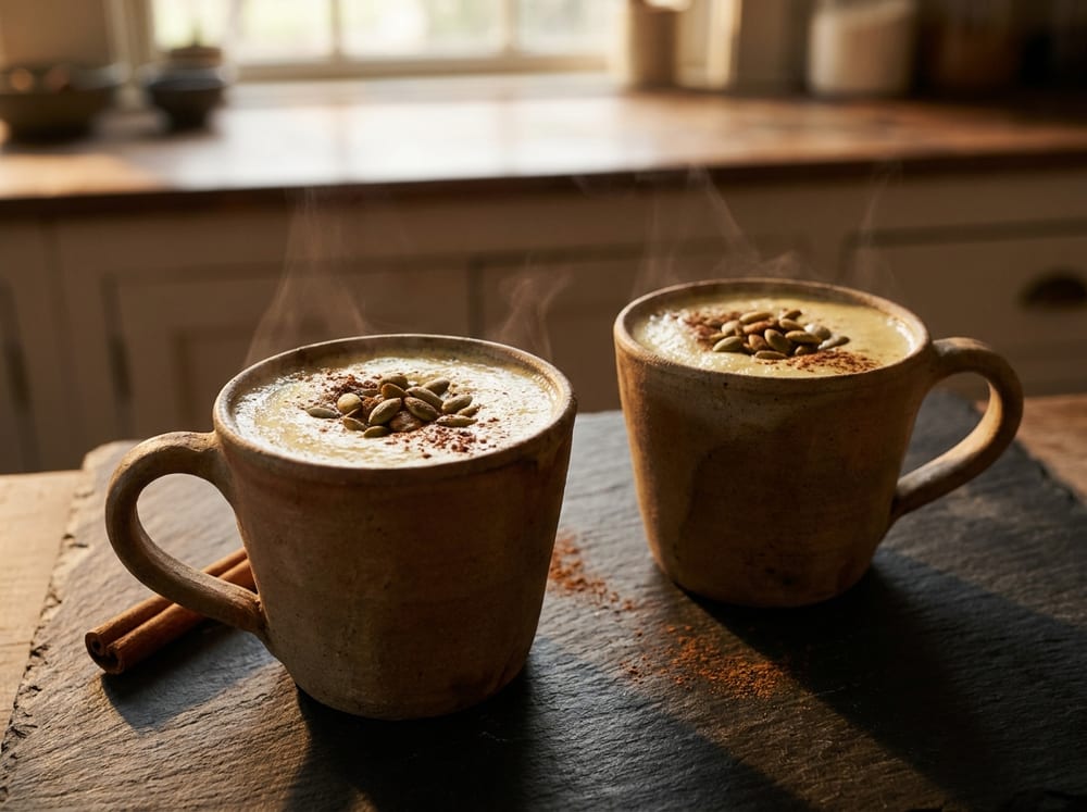 Two rustic clay mugs of thick pale-gold atole steaming gently, topped with toasted green pumpkin seeds and a dusting of cinnamon, a cinnamon stick resting alongside on a dark stone surface lit by low warm evening light.