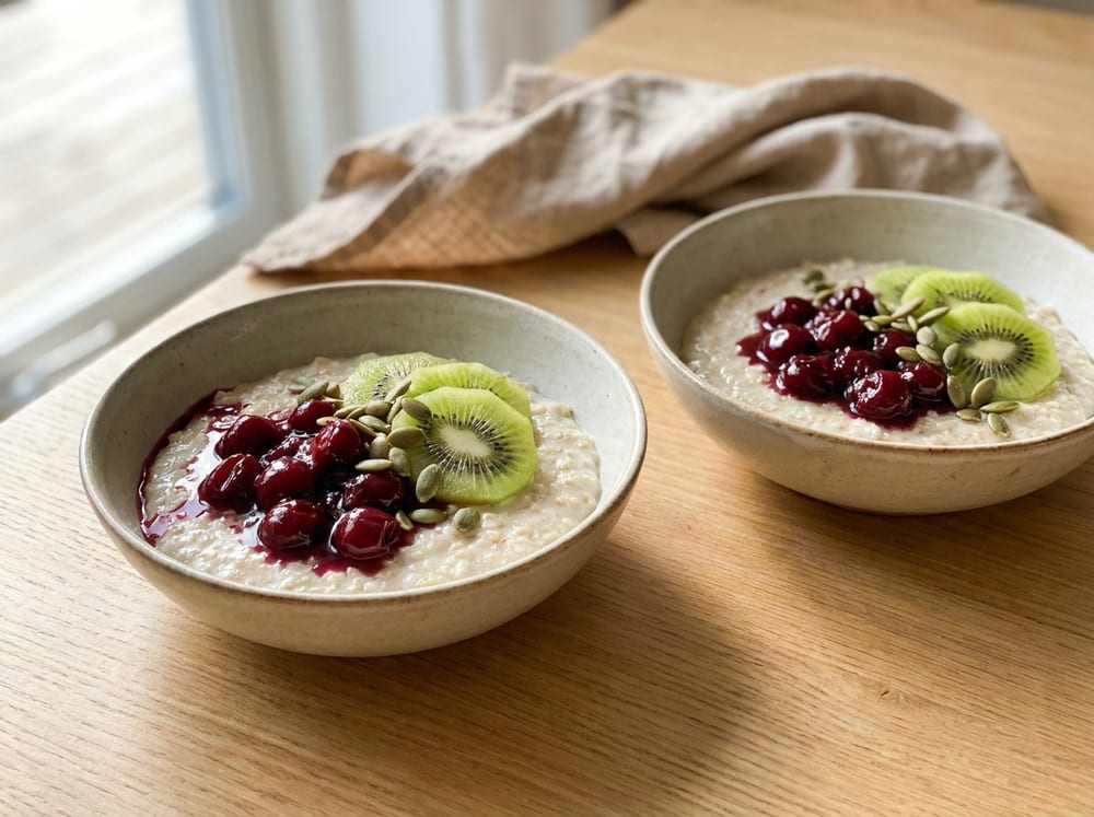 Two shallow ceramic bowls of pale creamy oats topped with glossy dark-red tart cherry compote, fanned emerald kiwi slices, and scattered green pumpkin seeds, on a light oak table in soft warm morning light with a linen napkin blurred behind.