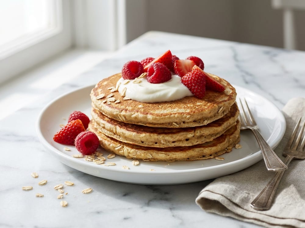 A stack of three golden, fluffy protein pancakes on a white plate topped with a spoonful of thick Greek yogurt and a scatter of fresh red raspberries and sliced strawberries, a few oats visible in the pancake edges, shot at a low three-quarter angle on a bright marble countertop in clean natural daylight, soft shadows.