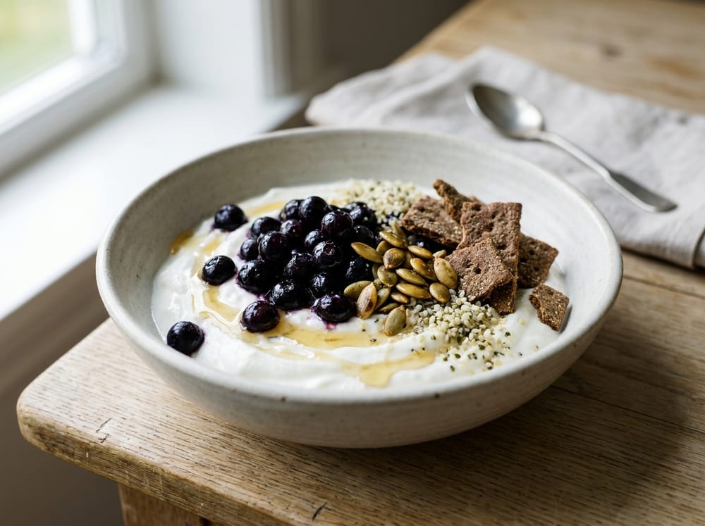 A pale ceramic bowl of thick white skyr topped with glossy dark-blue blueberries, golden toasted pumpkin seeds, pale hemp seeds, and shards of dark rye crispbread, with a thin honey drizzle catching the light, set on a light oak table in soft natural morning window light, shallow depth of field.