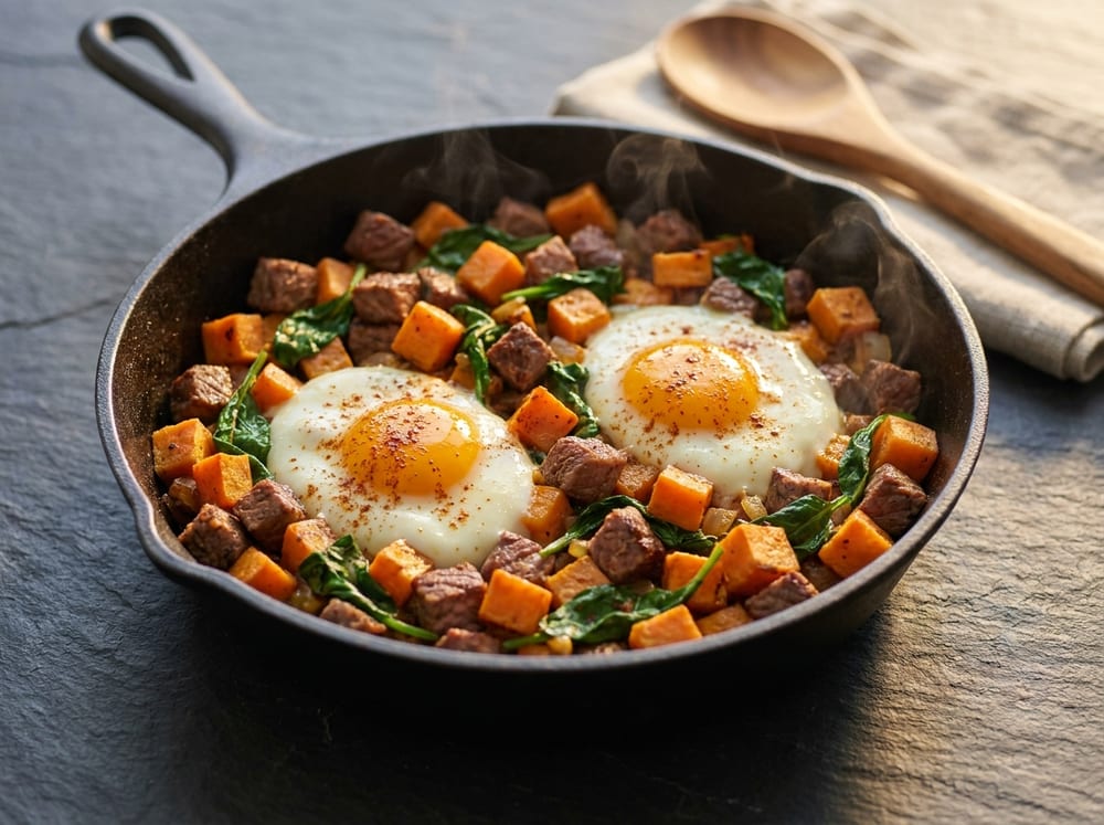 A cast-iron skillet holding a rustic hash of browned diced sirloin, caramelized cubed sweet potato, and wilted green spinach with two eggs nestled in wells, their yolks glossy and runny, dusted with smoked paprika, shot from a high angle on a dark slate surface in warm directional light, steam rising.