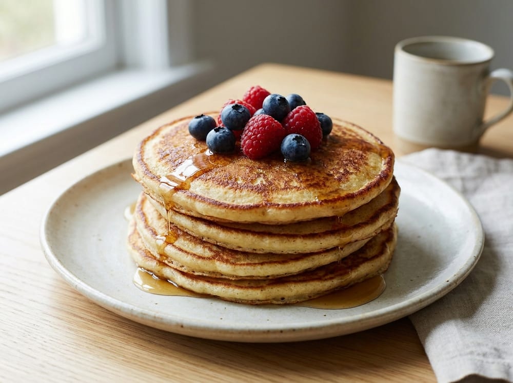 A stack of thick golden pancakes on a pale ceramic plate, edges lightly crisp and flecked with cinnamon, crowned with glossy blue and red fresh berries and a thin ribbon of maple syrup pooling down the sides, on a light wooden table in soft natural morning light.