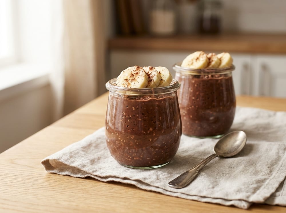 Two small clear glass jars of thick dark-chocolate overnight oats speckled with chia seeds, each crowned with fanned banana slices and a light dusting of cacao, set on a pale linen napkin over a light oak table, soft diffused morning light from the side, a spoon resting alongside.